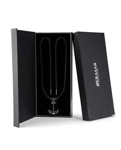 Leather Necklace with Pendant Anchor Black Serasar
