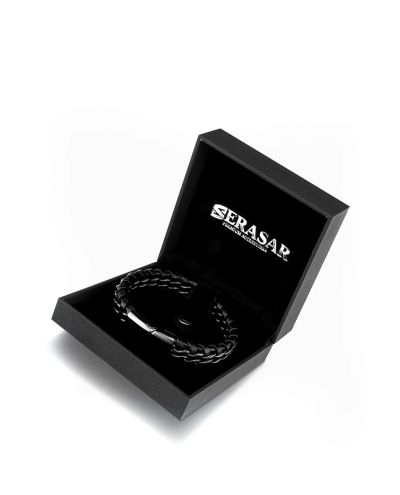 Leather Bracelet Stainless Steel Black Serasar