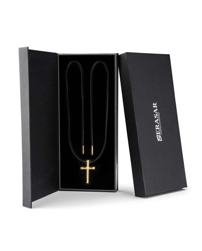 Leather Necklace with Pendant Cross Gold Serasar