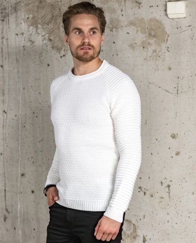 Knit Ribbed Round Neck Sweater White Jerone