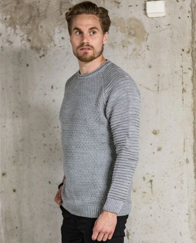 Knit Ribbed Round Neck Sweater Gray Jerone