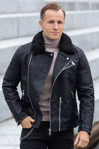 Winter Style Faux Leather Jacket With Teddy Collar Jerone
