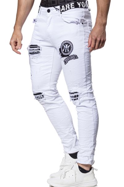White Ripped Text Printed Elastic Jeans L32