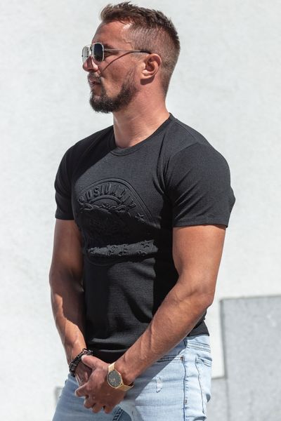 Structured print short sleeve round neck t-shirt black Jerone