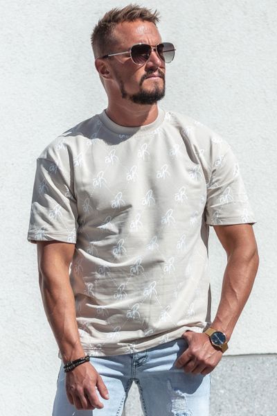 All Over Logo Print Beige T-Shirt Oversize Aarhon All Over Logo Print Beige T-Shirt Oversize Aarhon