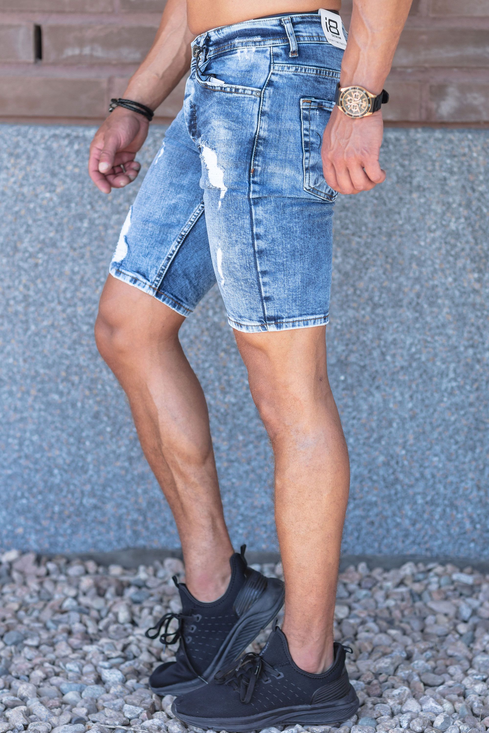 Dark Blue Ripped Washed Denim Shorts Elastic Jerone Jerone