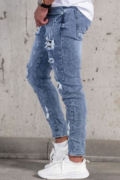 blue men's streetwear jeans with wear, stone wash and decorative broderie