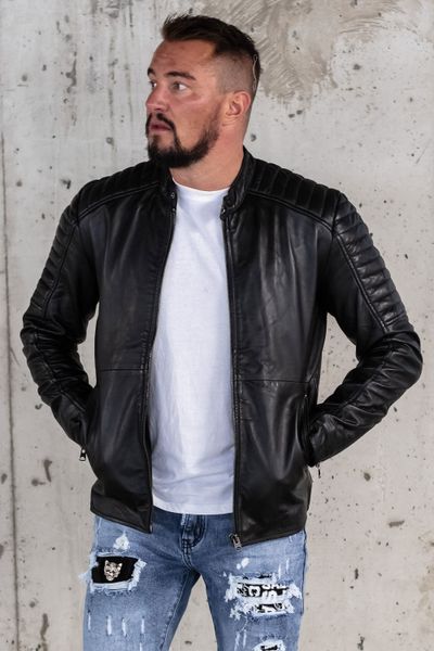 Black trendy men's leather jacket genuine sheepskin leather