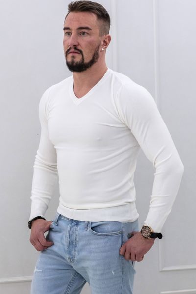 White Viscose Blended Knit V-Neck Jerone