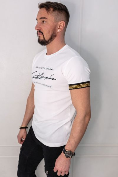 White T-Shirt Gold Embroided Sleeves Jerone