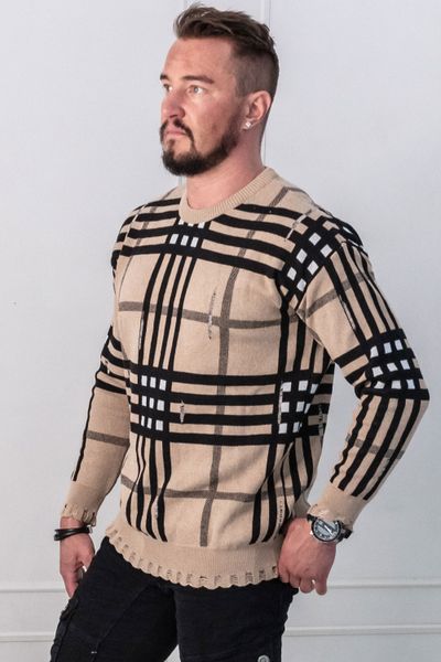 brown plaid men's knitted sweater with broken surface