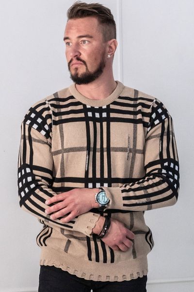 Brown Checkered Knit Distressed Jerone