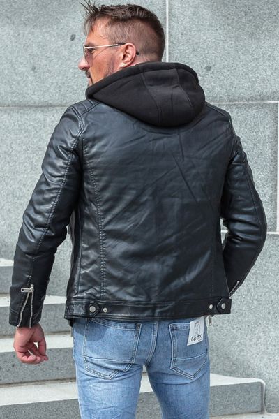 Men's black hooded faux leather jacket JERONE
