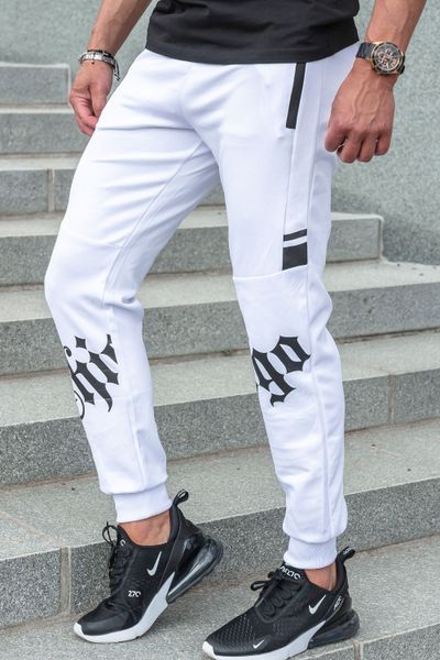 White fleece-lined sweatpants with print