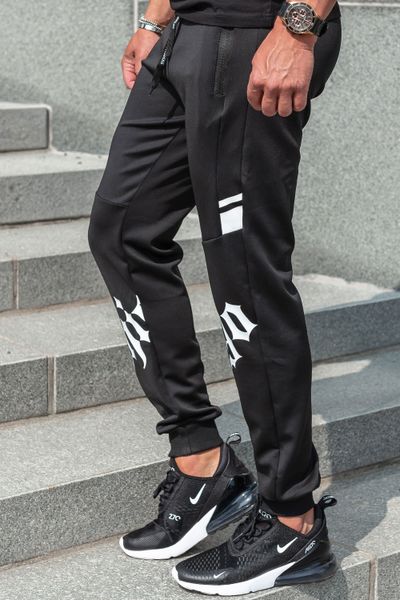 Black smooth-surface sweatpants with print