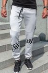Gray jogger pants with a slippery surface and print