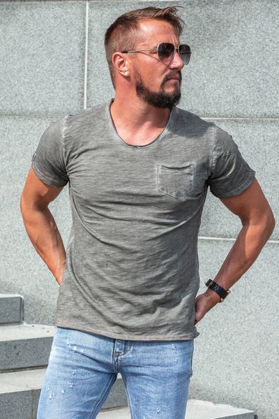 Gray stonewashed t-shirt with V-neck and chest pocket
