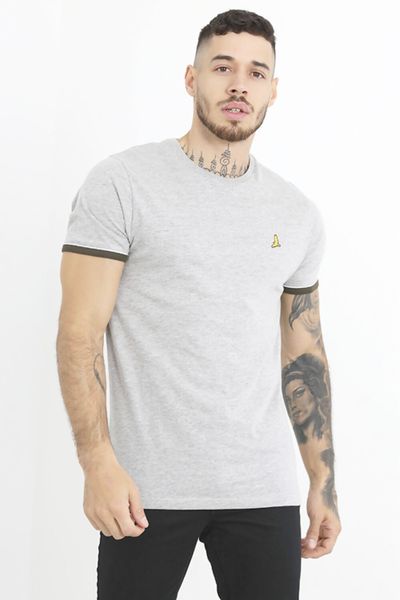 Grey Contrast Colour Cuff and Embroidery Detail T-Shirt