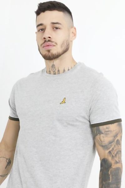 Grey Contrast Colour Cuff and Embroidery Detail T-Shirt