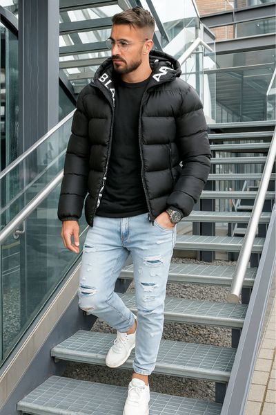 Black warm winter coat with text print JERONE