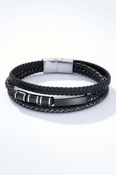 Leather and stainless steel bracelet black JERONE JEWELLERY Leather and stainless steel bracelet black JERONE JEWELLERY
