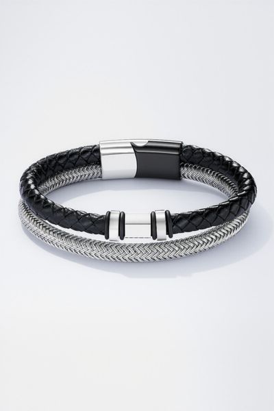 Black braided bracelet leather and steel JERONE JEWELLERY