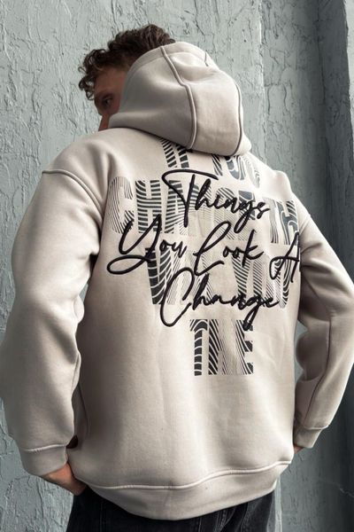 Back-embroidered beige hoodie JERONE