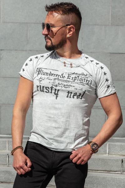 White washed T-shirt with RUSTY NEAL print