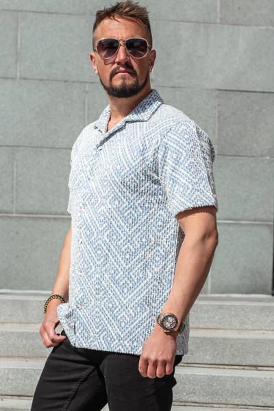 Blue textured short-sleeved collared shirt CARISMA