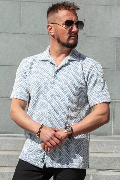Blue textured short-sleeved collared shirt CARISMA