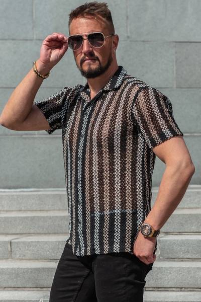 Black knitted short-sleeved collared shirt CARISMA