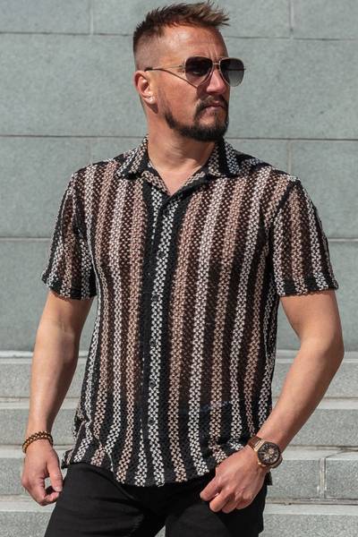 Black knitted short-sleeved collared shirt CARISMA