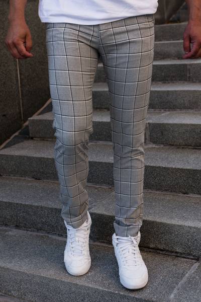 Chic Grey Slim Checkered Pants JERONE