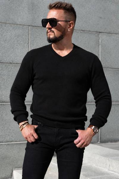Cashmere touch black V-neck sweater JERONE Cashmere touch black V-neck sweater JERONE